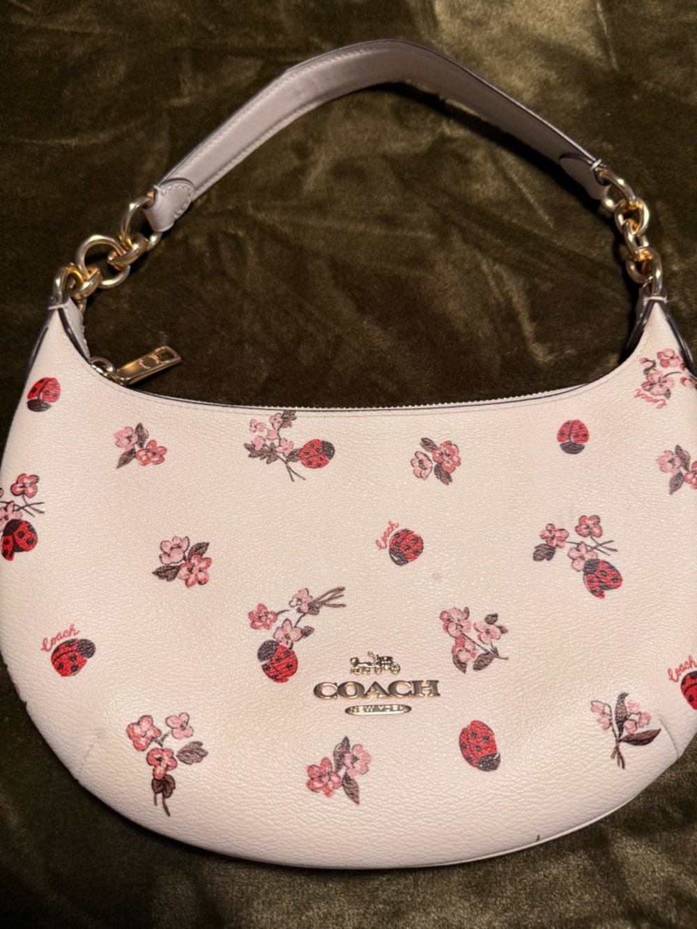 Coach White Leather Shoulder Bag with Pink Floral & Red Ladybug Print
